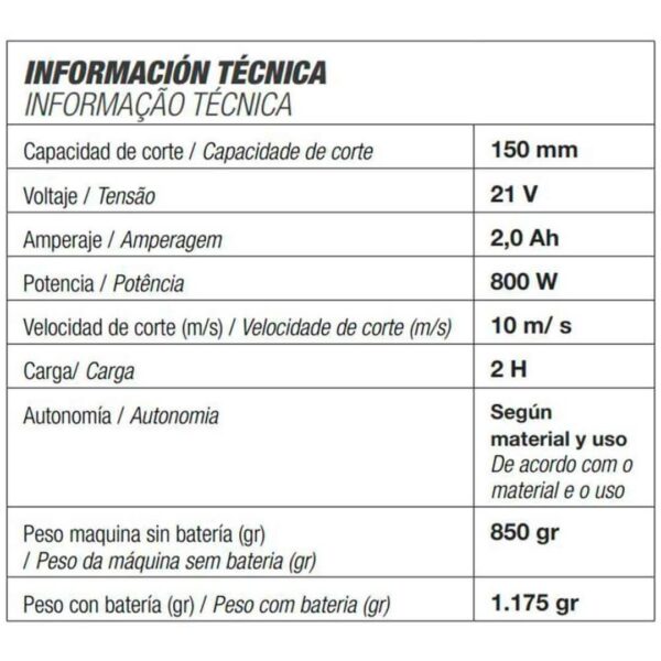 Motosierra 21V-2AH 150MM 2 bat. AF150 ALTUNA